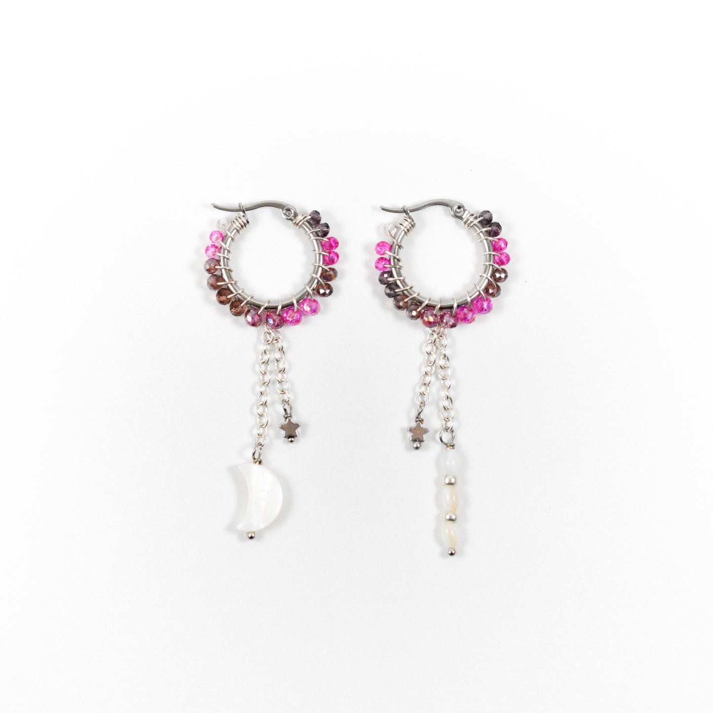 Magenta Silver Star and Moon Earrings