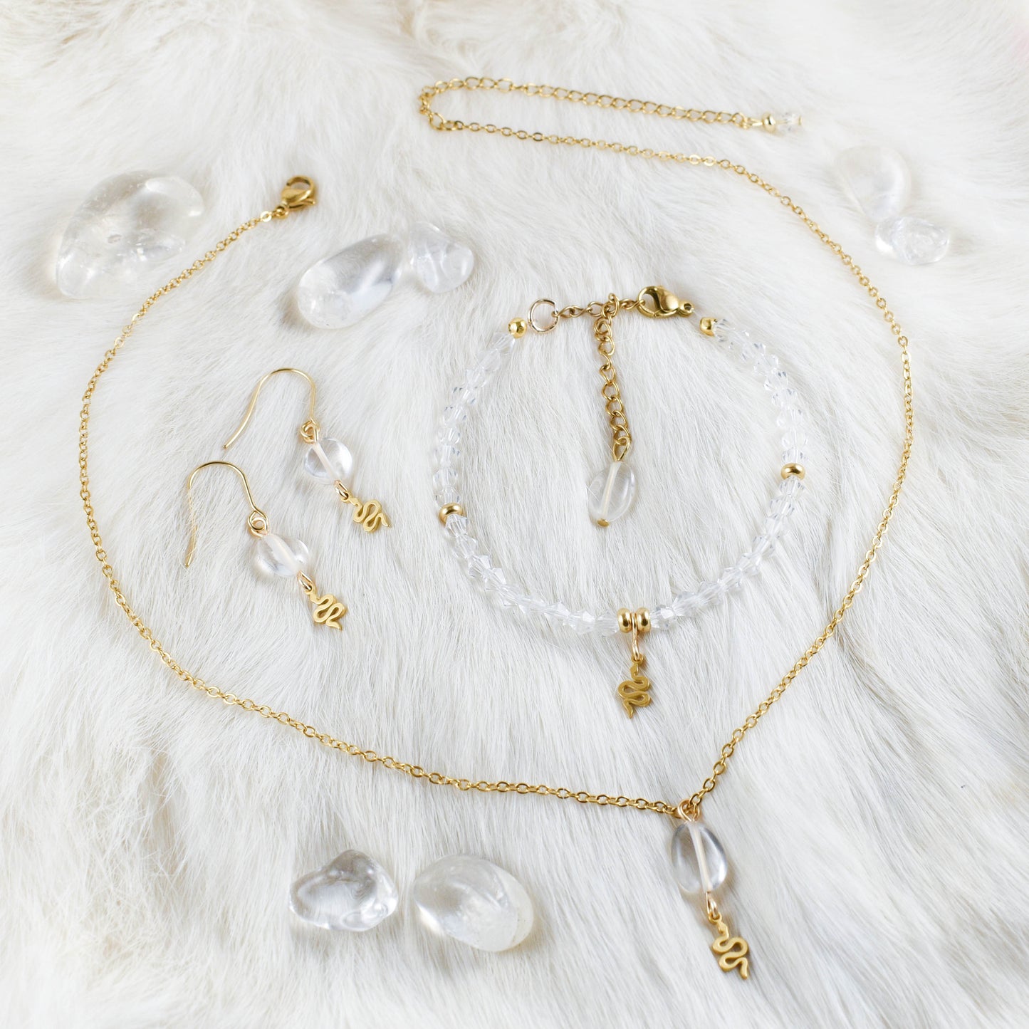 Clear Quartz and Golden Snake Stainless Steel Chain Necklace