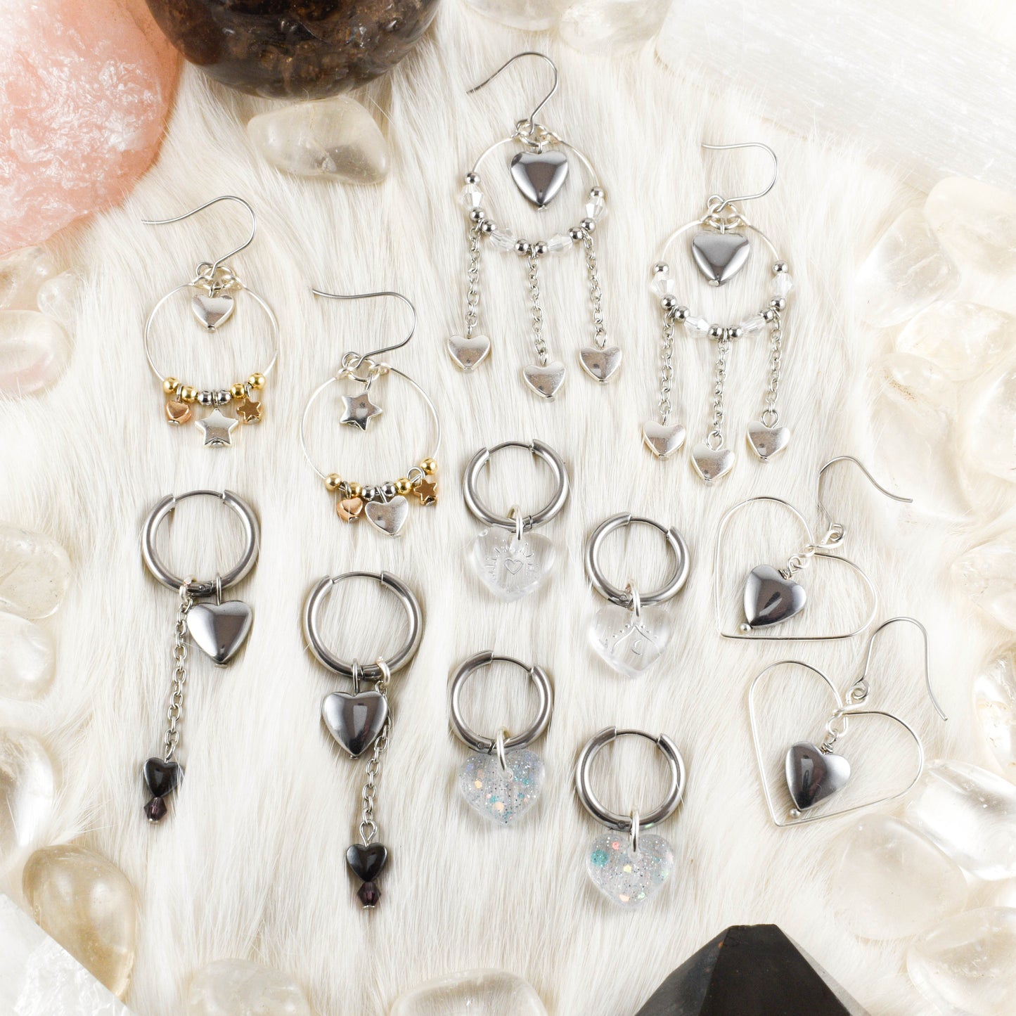 Shining Heart n Stars Mix Metal Earrings