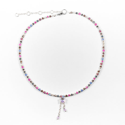 Silver Iridescent Magenta Star Beaded Necklace