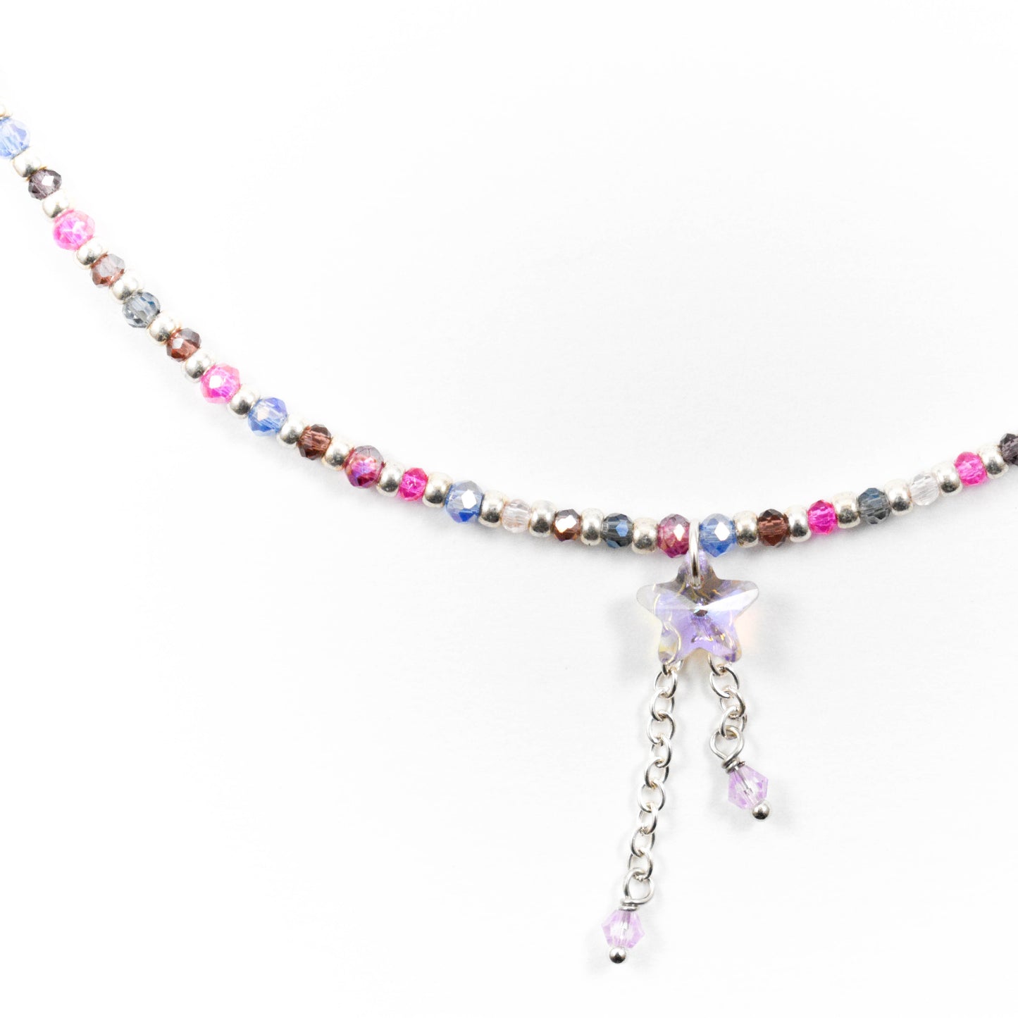 Silver Iridescent Magenta Star Beaded Necklace