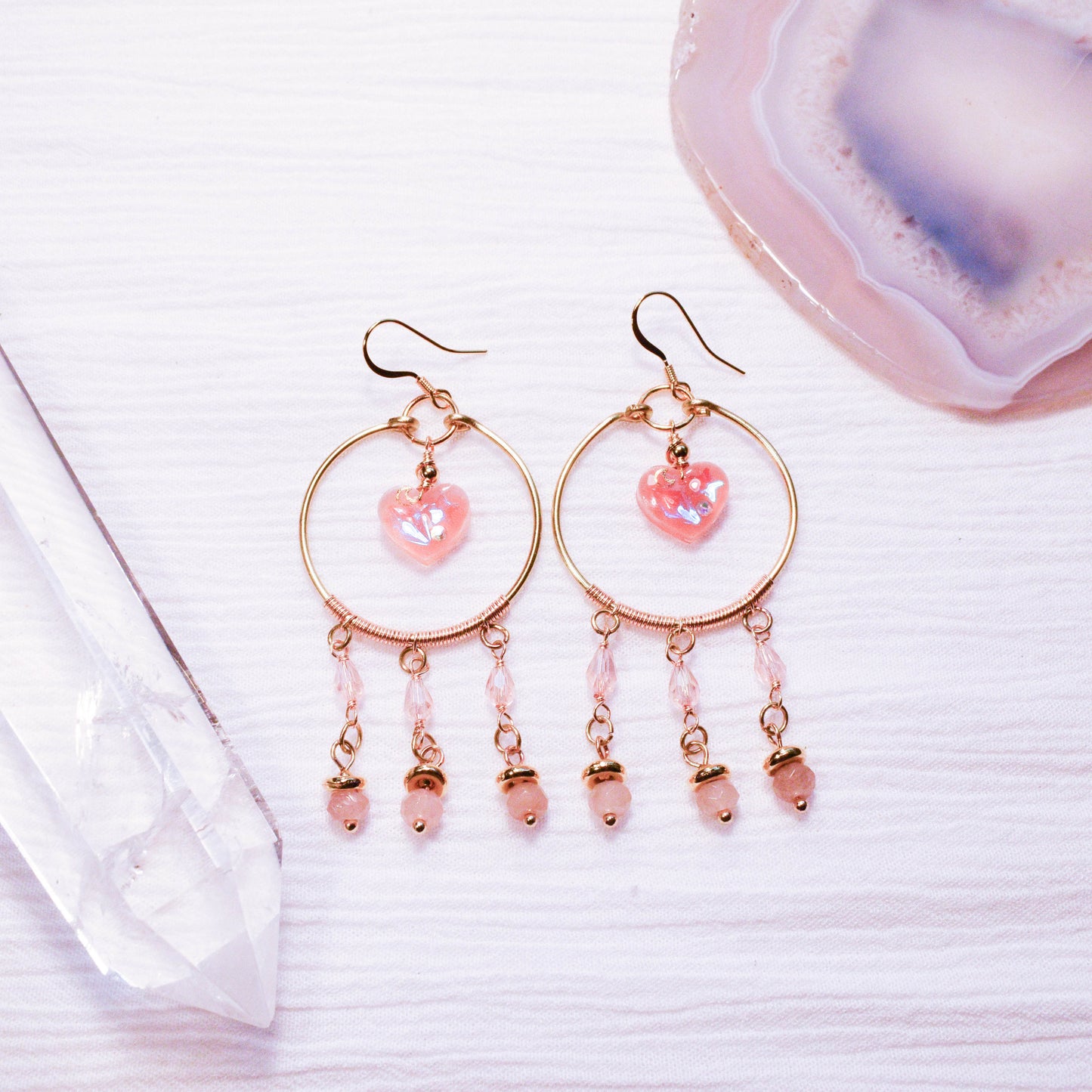 Peach Agate Heart Earrings
